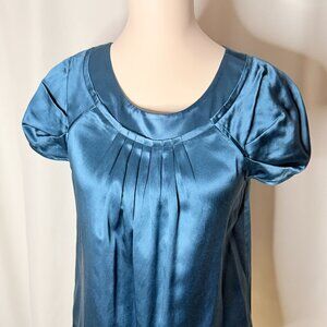 BCBG Max Azria Silk Blend Teal Satin Pleated Blouse Puff Sleeve Top S